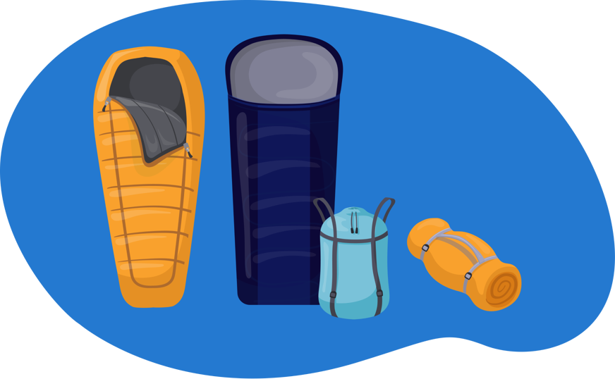 Diferentes tipos de saco cama, alguns embrulhados, outros abertos